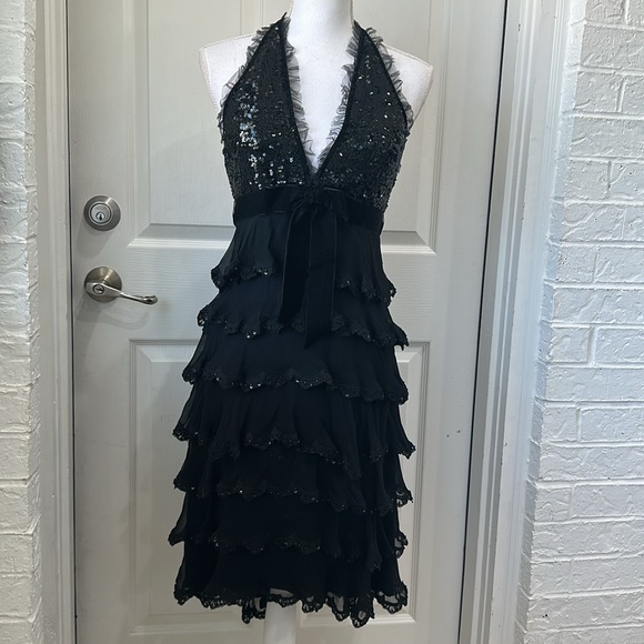 VINTAGE CACHE LUXE Black Silk Sequin Beaded Tier Ruffle Halter Cocktail Dress 4 - Picture 13 of 13